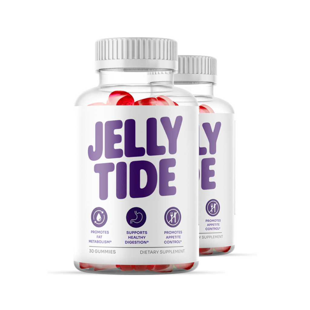 Jelly Tide dietary supplement gummies 2-bottle pack on black background – 60 gummies promoting fat metabolism healthy digestion and appetite control